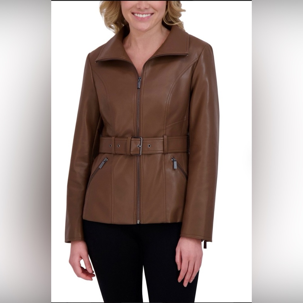 NWT Kenneth Cole Woman’s Brown Faux Leather Jacket with Belt Size XXL